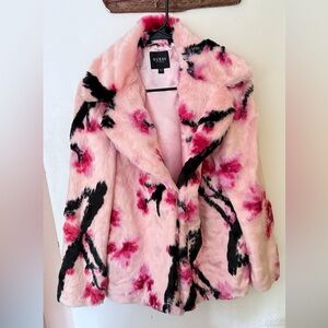 GUESS Pink Faux Fur Jacket with Black & Fuchsia Accents